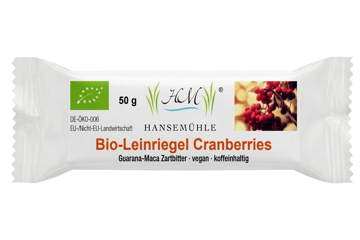 Bio-Leinriegel Cranberry-Guarana-Maca-Zartbitter Schokolade vegan